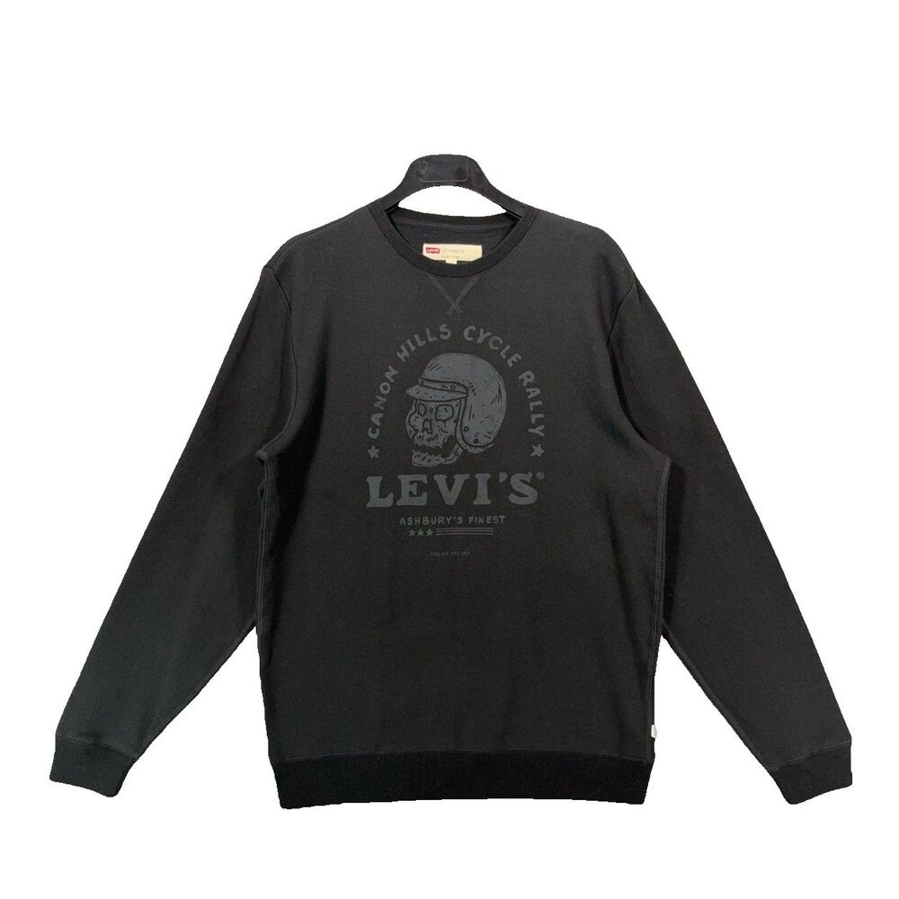 Levis Mens Sweatshirt L Black Graphic Crewneck Pullover Canon Hills Cycle Rally